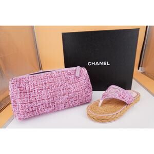 Chanel CC Logo Pink Tweed Espadrille Thong Sandals Size 36 NIB Bag Pouch $1695